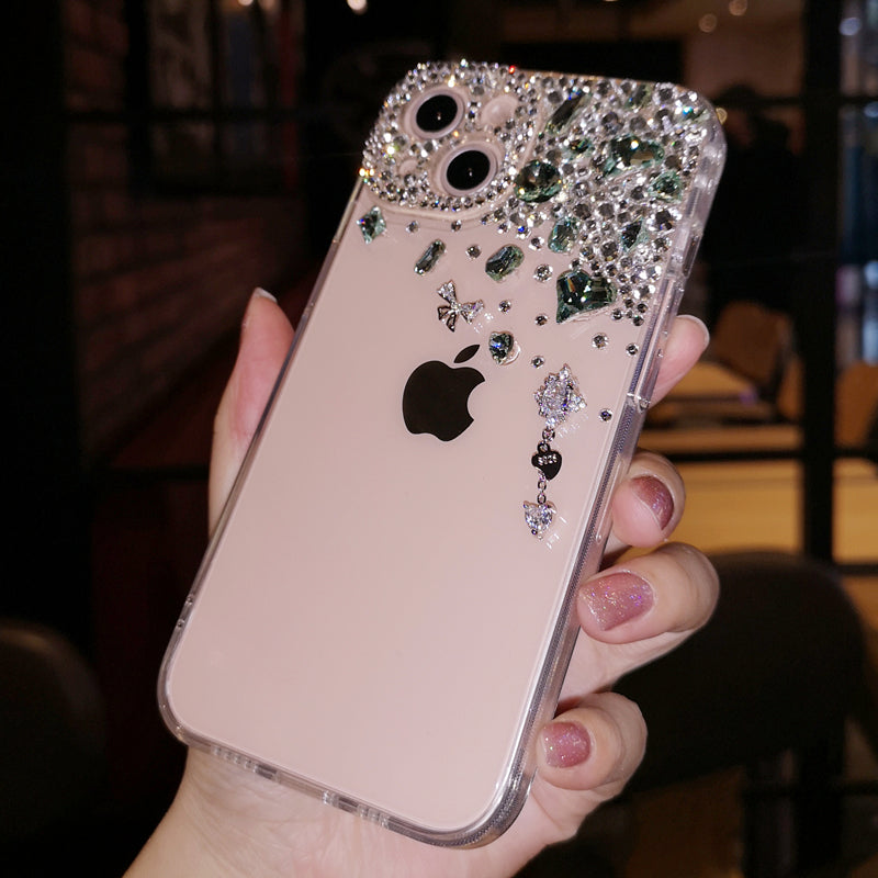 Handmade iPhone Case Minimalist Bling Green Diamond Back Cover Case for iPhone 16 15 14 13 12 11 Plus Pro Max