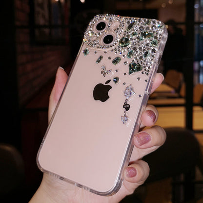 Handmade iPhone Case Minimalist Bling Green Diamond Back Cover Case for iPhone 16 15 14 13 12 11 Plus Pro Max