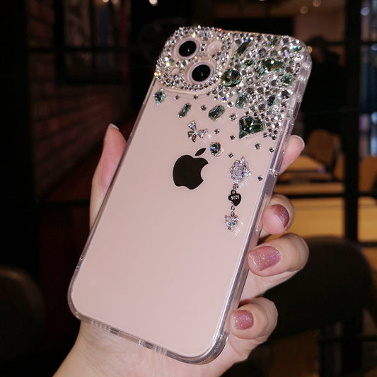Handmade iPhone Case Minimalist Bling Green Diamond Back Cover Case for iPhone 16 15 14 13 12 11 Plus Pro Max