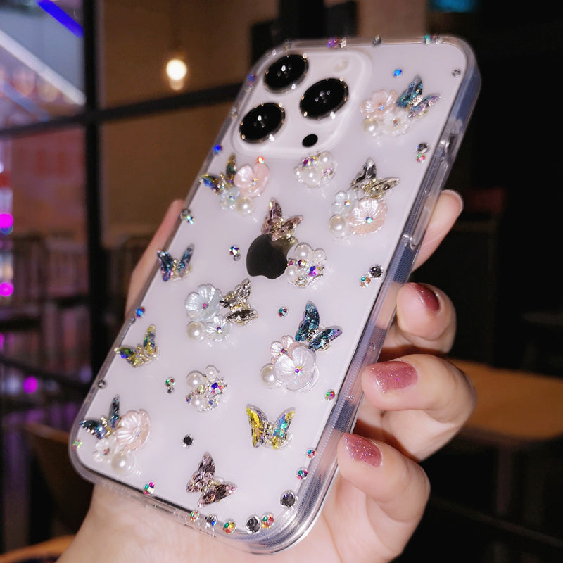 Coque iPhone faite main minimaliste papillon et fleurs à motif diamant