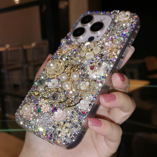 Gorgeous Bling Crystal and Pearl with Flowers for iPhone 16 15 14 13 12 11 Plus Pro Max