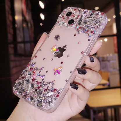 Coque iPhone faite à la main, luxueuse, ornée de diamants, minimaliste, avec papillon.