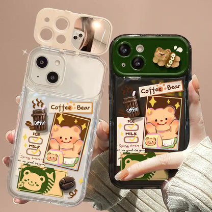 Cute Bear With Foldable Mirror Phone Case For iPhone 3D Coffee Decorations Back Cover
