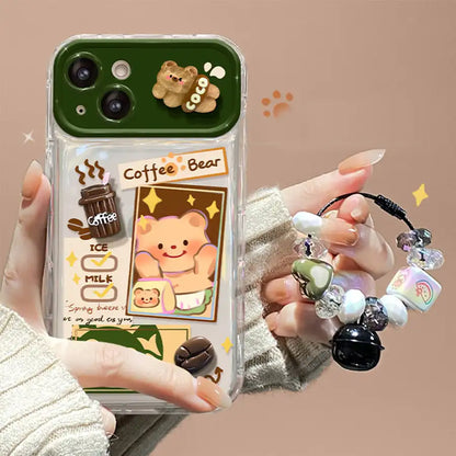 Cute Bear With Foldable Mirror Phone Case For iPhone 3D Coffee Decorations Back Cover