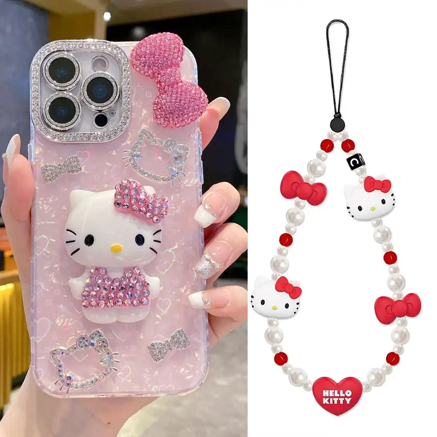Cartoon Diamonds Pink 3D Kitty Phone Case For iPhone 17 16 15 14 13 12 11 Pro Max Bling Glitter TPU Clear Back Cover with Charm