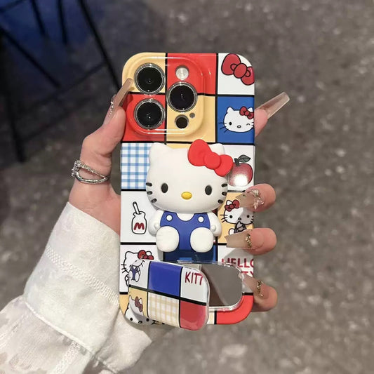 Hello Kitty mirror phone case with a stand and grid pattern