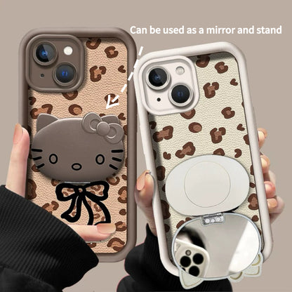 Rotating leopard print Kitty mirror and stand phone case