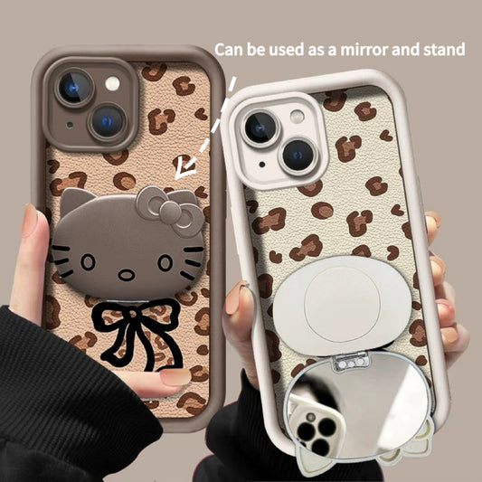 Rotating leopard print Kitty mirror and stand phone case