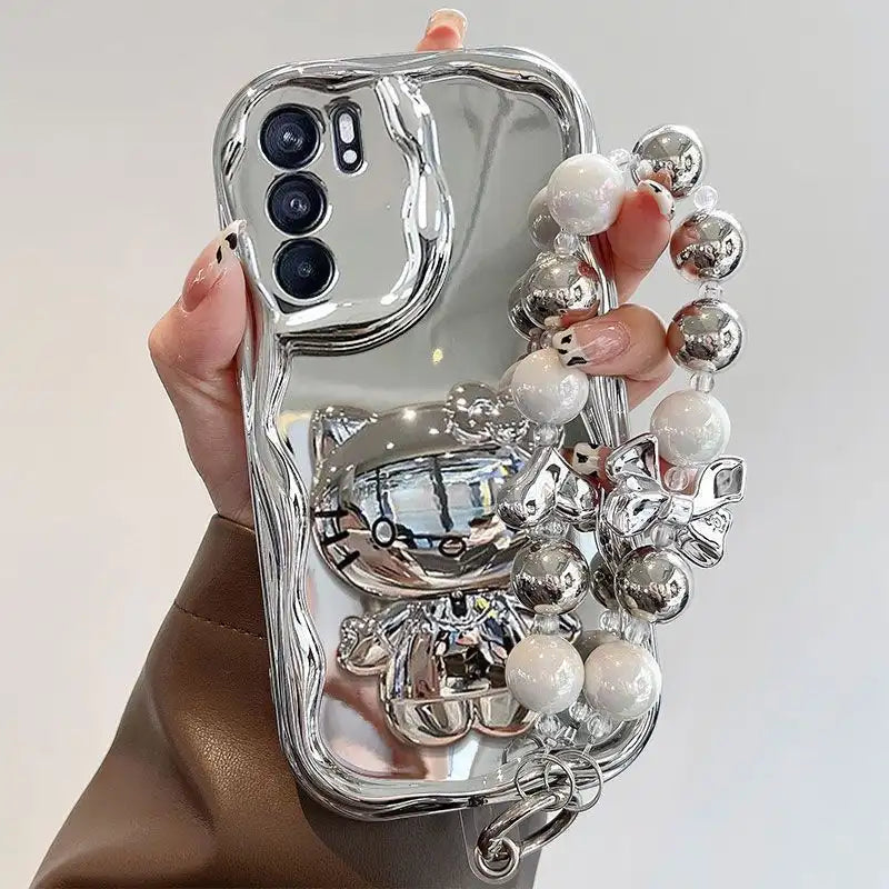 Silver Kitty Kickstand Phone Case For iPhone Makeup Mirror Back Cover