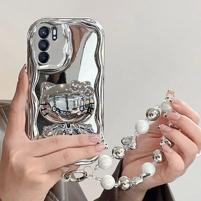 Silver Kitty Kickstand Phone Case For iPhone Makeup Mirror Back Cover