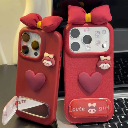 Burgundy Heart Bow Mirror Stand Phone Case