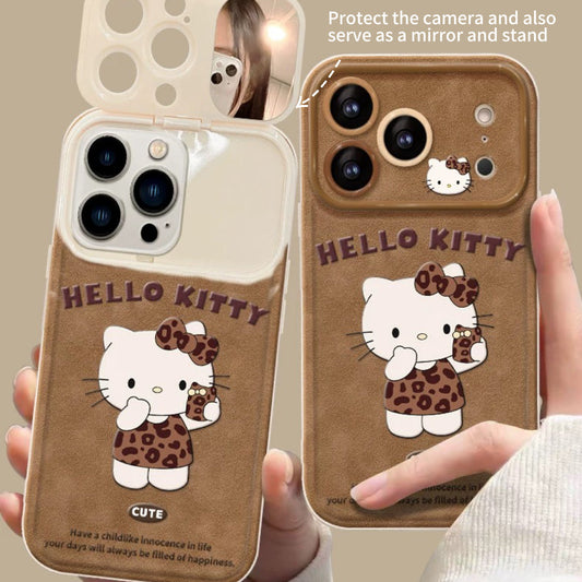 Leather-colored leopard print Kitty flip mirror phone case