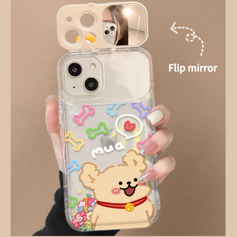 Puppy Flip Clear Phone Case with Mirror and Stand