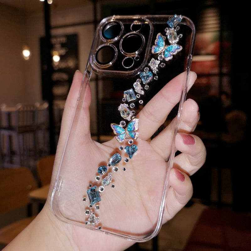 Handmade Minimalist Butterflies Bling Blue Crystal iPhone Case for iPhone 16 15 14 13 12 11 Plus Pro Max
