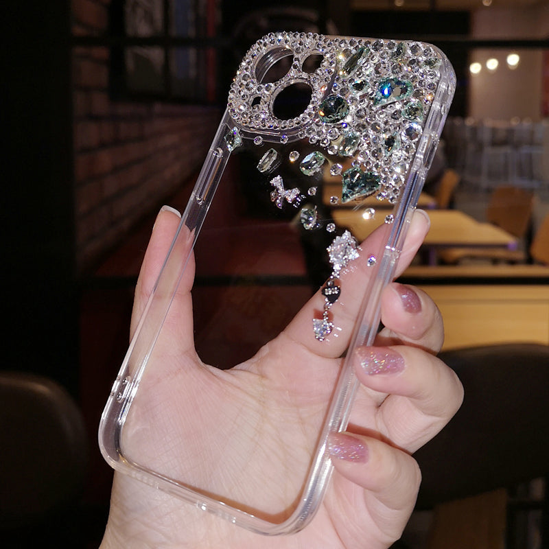 Handmade iPhone Case Minimalist Bling Green Diamond Back Cover Case for iPhone 16 15 14 13 12 11 Plus Pro Max