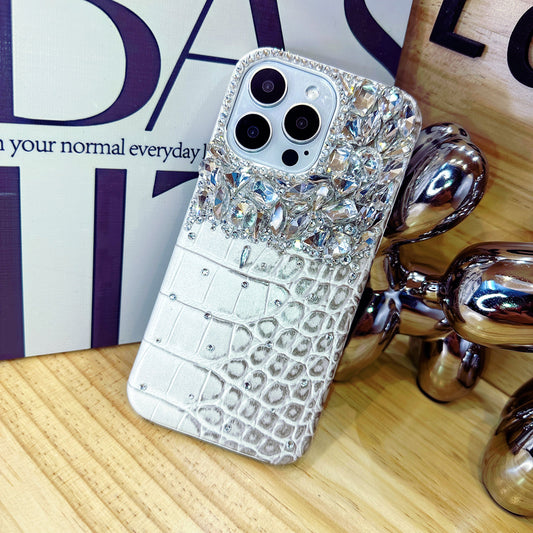 Crocodile Pattern with White Crystals Phone Case Compatible iPhone for iPhone 16 15 14 13 12 11 Plus Pro Max
