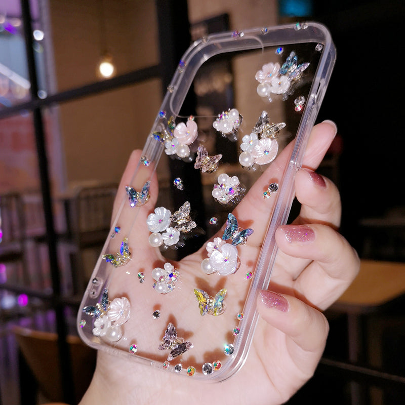 Coque iPhone faite main minimaliste papillon et fleurs à motif diamant