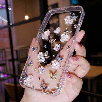 Coque iPhone faite main minimaliste papillon et fleurs à motif diamant