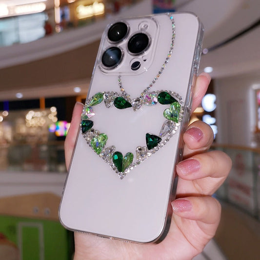 Handmade Minimalist Green Crystal Bling Heart iPhone Case for iPhone 16 15 14 13 12 11 Plus Pro Max