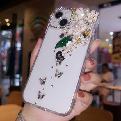 Coque iPhone faite à la main, luxueuse, ornée de diamants, minimaliste, à fleurs, coque arrière