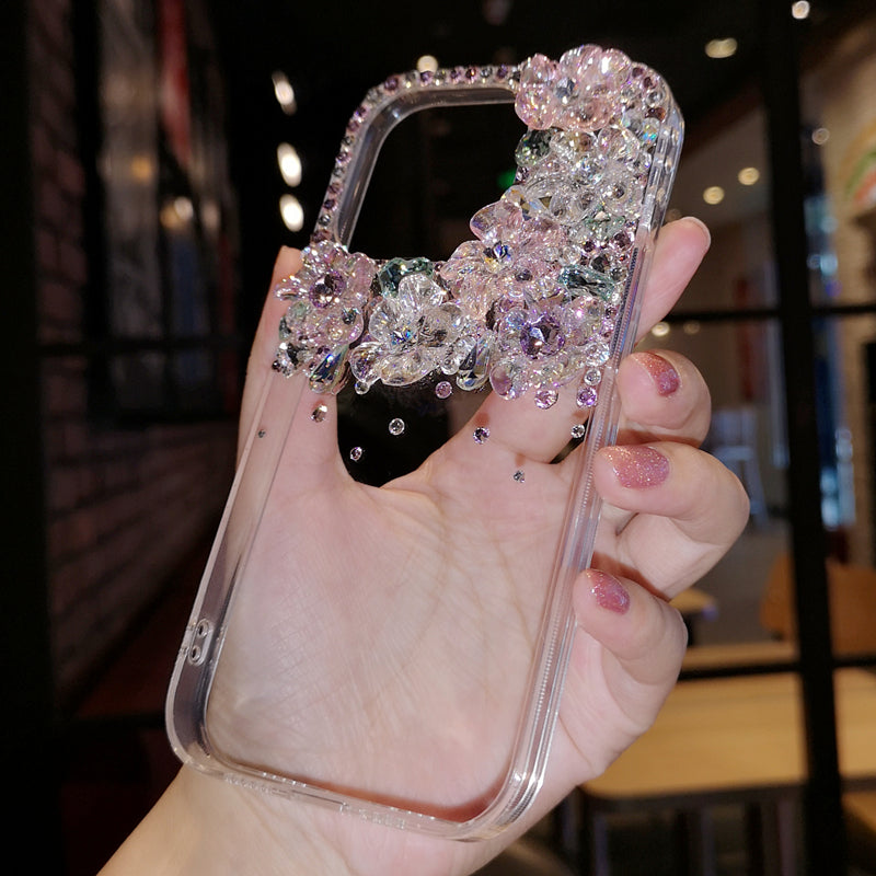 Handmade iPhone Case Minimalist Flowers Bling Diamond Back Cover Case for iPhone 16 15 14 13 12 11 Plus Pro Max