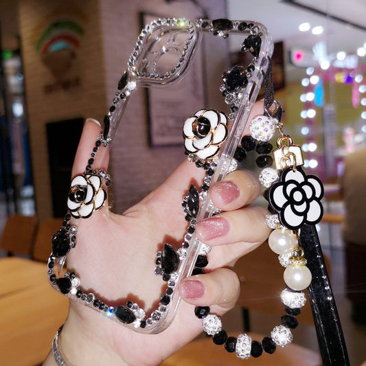 Handmade iPhone Case Minimalist Flower Diamond Crystals with Charm Chain for iPhone 16 15 14 13 12 11 Plus Pro Max