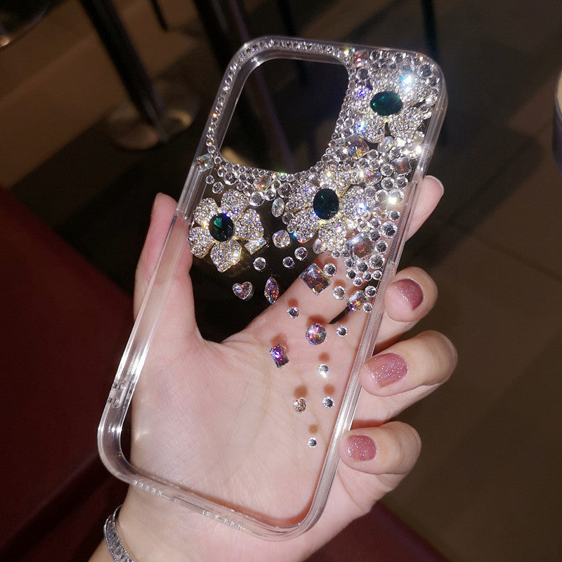 Coque iPhone faite main, minimaliste, fleurs, strass, dos en forme de diamant