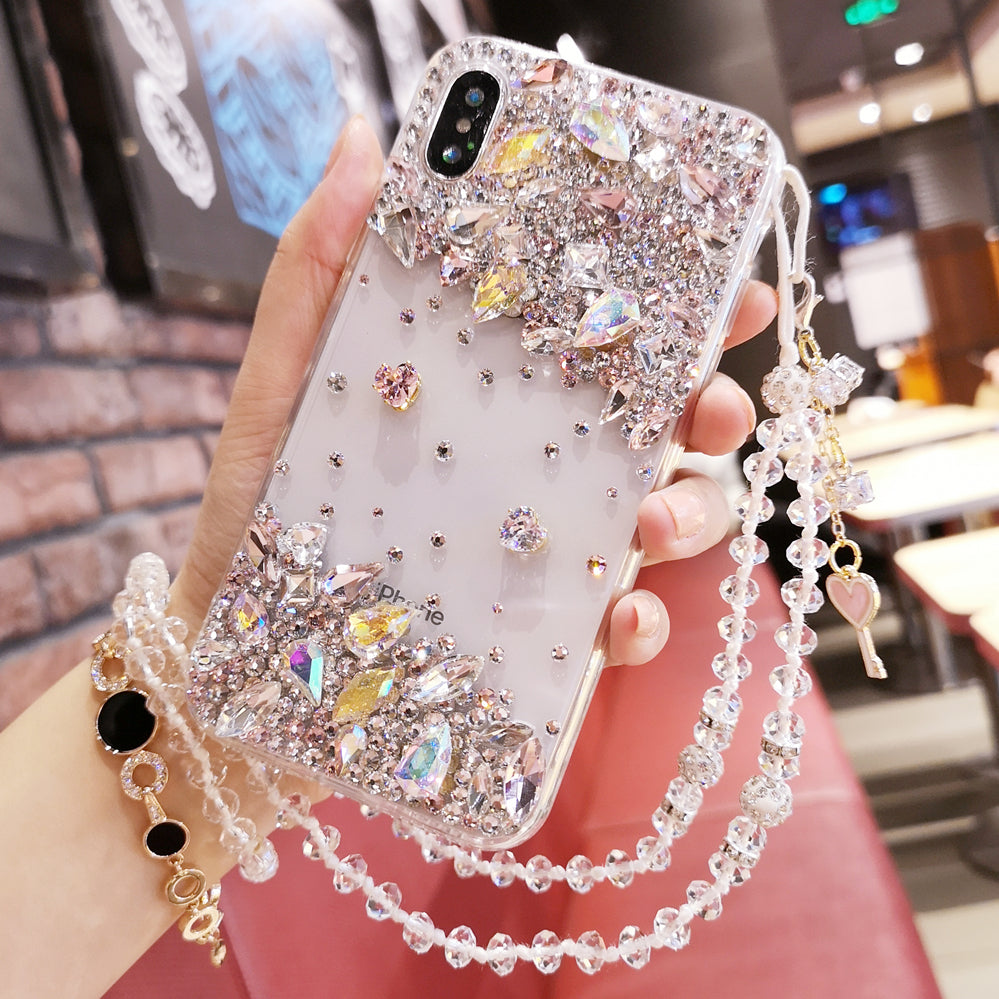 Handmade iPhone Case Luxury Bling Diamond Minimalist Heart with Lanyard for iPhone 16 15 14 13 12 11 Plus Pro Max