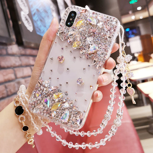 Handmade iPhone Case Luxury Bling Diamond Minimalist Heart with Lanyard for iPhone 16 15 14 13 12 11 Plus Pro Max