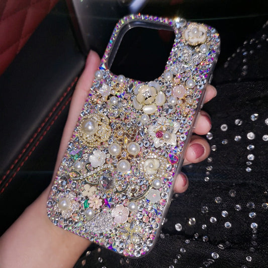 Gorgeous Bling Crystal and Pearl with Flowers for iPhone 16 15 14 13 12 11 Plus Pro Max