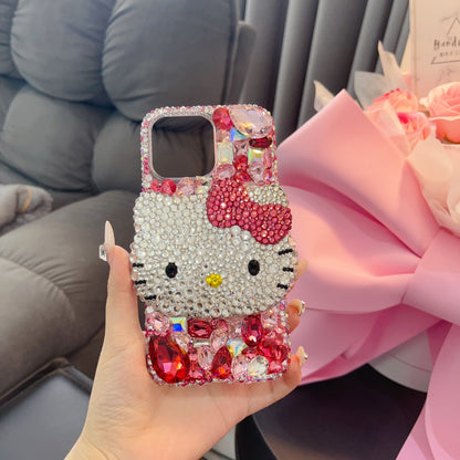Handmade 3D Kitty Gorgeous Bling Rose Red Rhinestones Phone Case for iPhone 17 16 15 14 13 12 11 Plus Pro Max