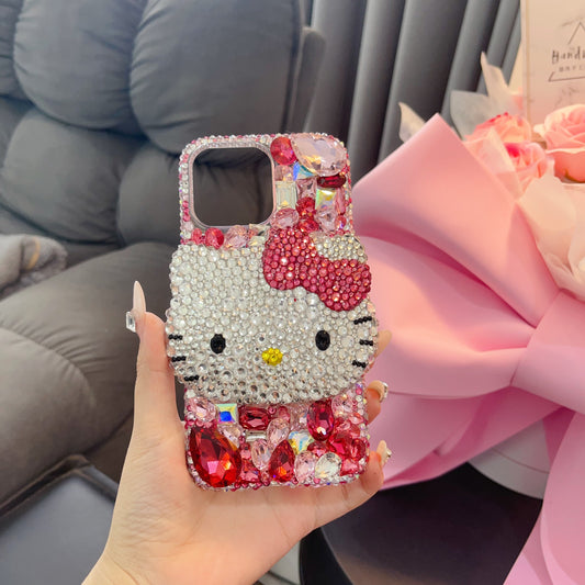 [Limited-time offer] Handmade 3D Kitty Gorgeous Bling Rose Red Rhinestones Phone Case for iPhone 17 16 15 14 13 12 11 Plus Pro Max