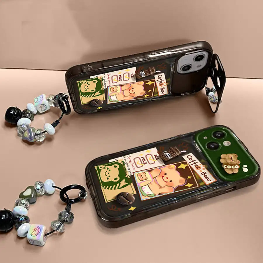 Cute Bear With Foldable Mirror Phone Case For iPhone 3D Coffee Decorations Back Cover