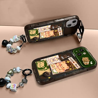 Cute Bear With Foldable Mirror Phone Case For iPhone 3D Coffee Decorations Back Cover