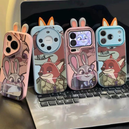 Cute Rabbit Fox With Makeup Mirror Kickstand Cartoon Phone Case For All iPhone 17 Air Pro Max 16 Pro 15 14 13 12 11 Plus Cute Zootop Animals