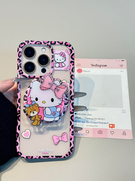 Kitty Pink Leopard Print Clear Cute Kawaii MagSafe Case + MagSafe Stand Holder / Phone Grip
