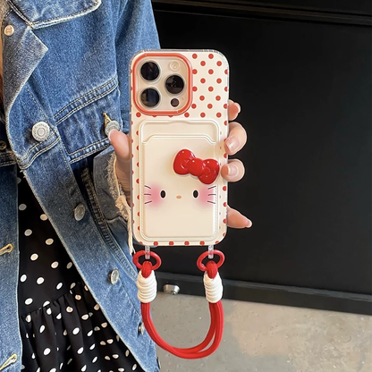 Cute red polka dot cat card holder phone case