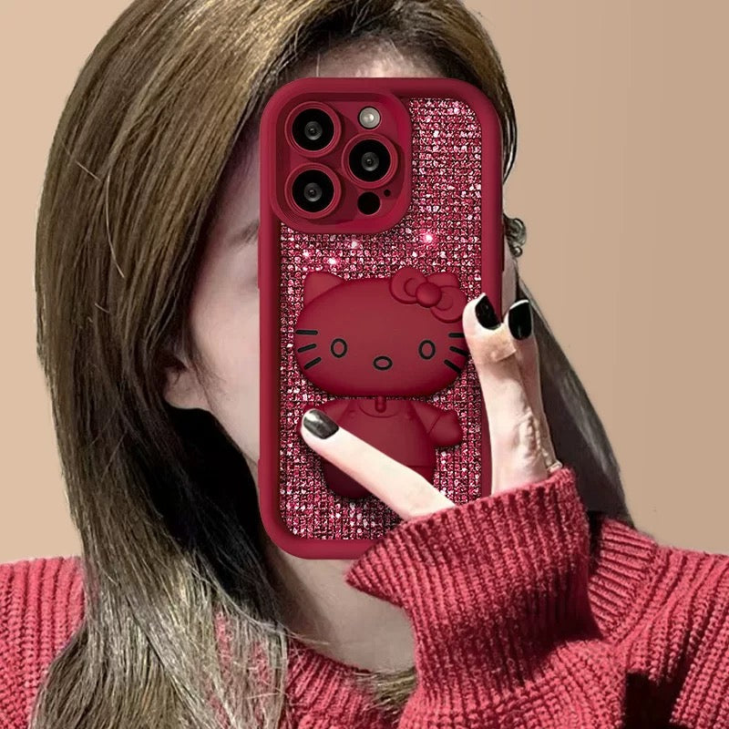 Rotating Kitty phone case with mirror and stand