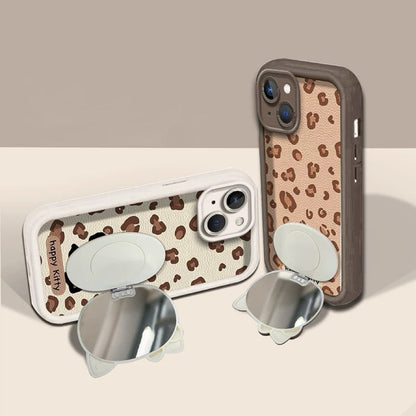 Rotating leopard print Kitty mirror and stand phone case