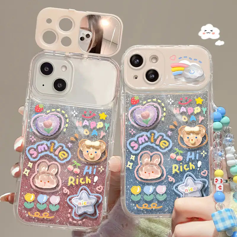 3D Cute Foldable Mirror Stand Back Cover Glitter iPhone Case With Bracelet