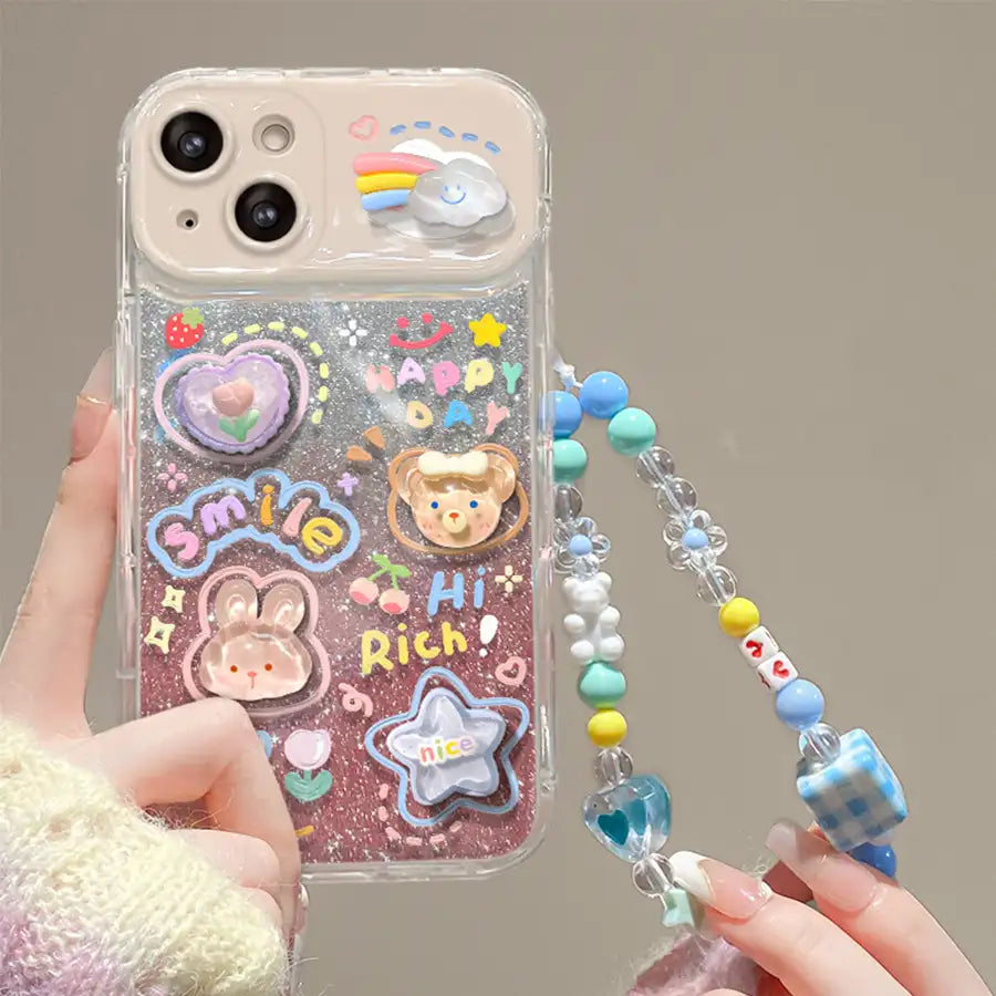 3D Cute Foldable Mirror Stand Back Cover Glitter iPhone Case With Bracelet