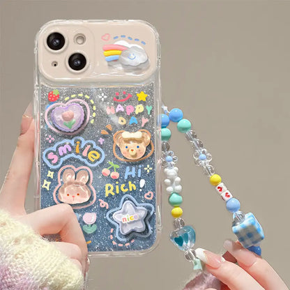 3D Cute Foldable Mirror Stand Back Cover Glitter iPhone Case With Bracelet