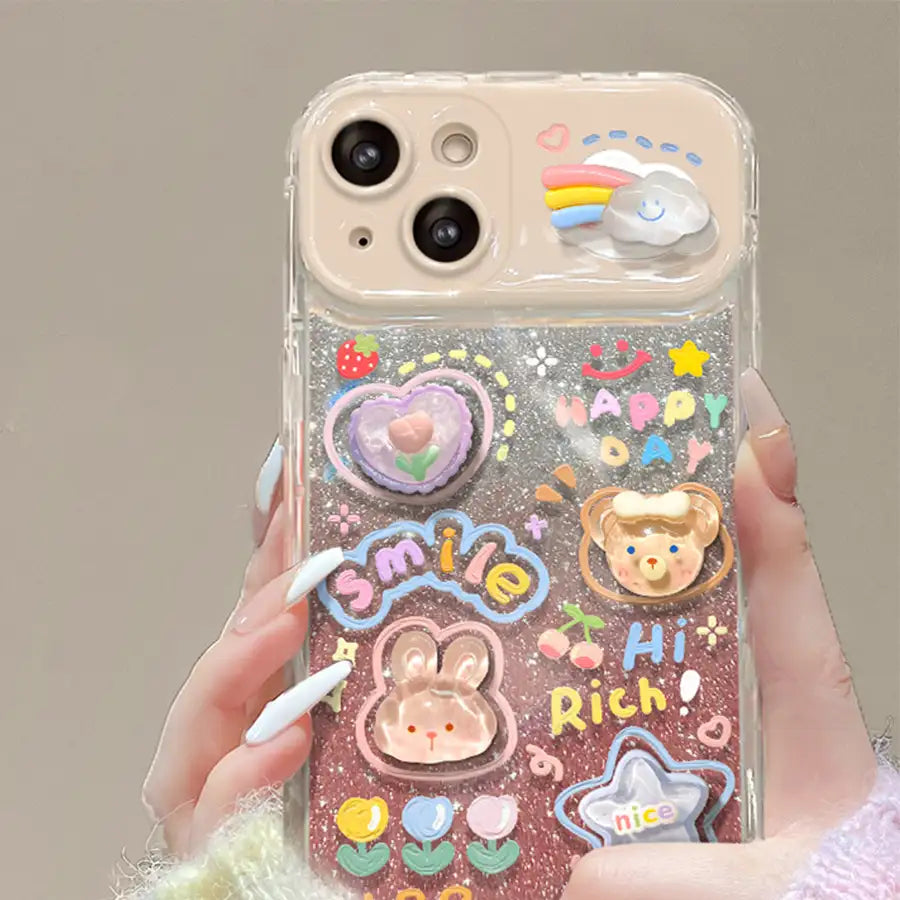 3D Cute Foldable Mirror Stand Back Cover Glitter iPhone Case With Bracelet