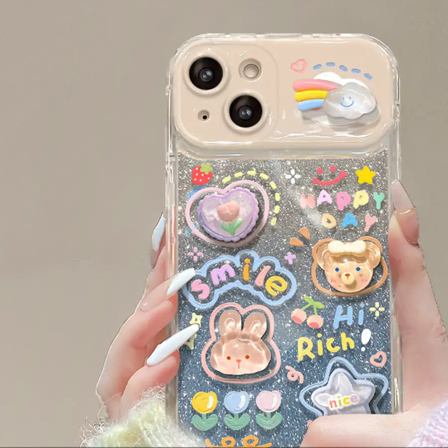 3D Cute Foldable Mirror Stand Back Cover Glitter iPhone Case With Bracelet
