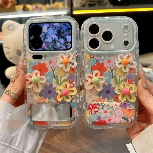 3D Flowers Floral Makeup Mirror Stand Back Cover iPhone Case