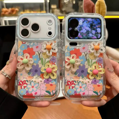 3D Flowers Floral Makeup Mirror Stand Back Cover iPhone Case