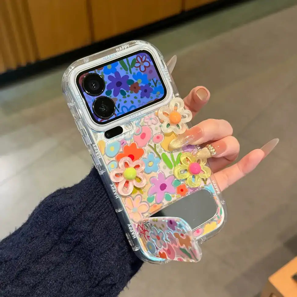 3D Flowers Floral Makeup Mirror Stand Back Cover iPhone Case