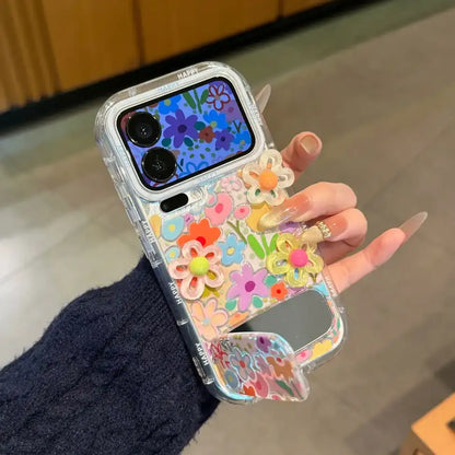3D Flowers Floral Makeup Mirror Stand Back Cover iPhone Case