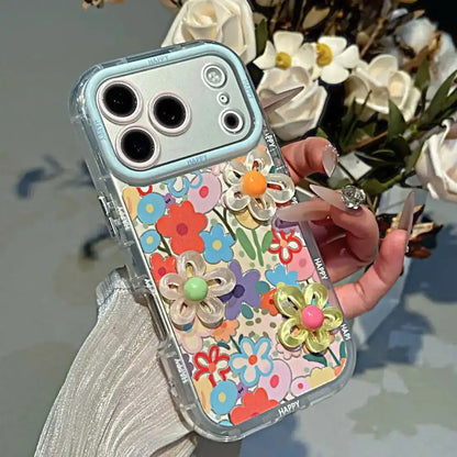 3D Flowers Floral Makeup Mirror Stand Back Cover iPhone Case