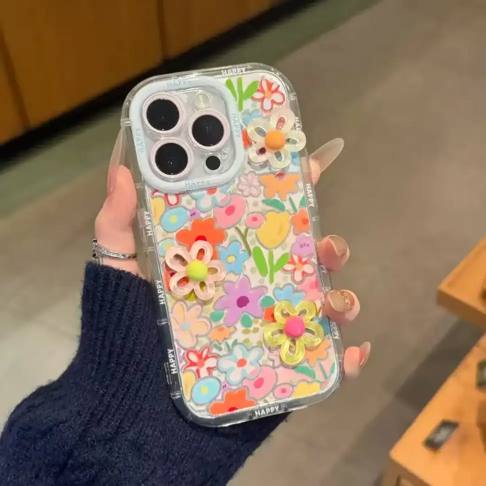 3D Flowers Floral Makeup Mirror Stand Back Cover iPhone Case